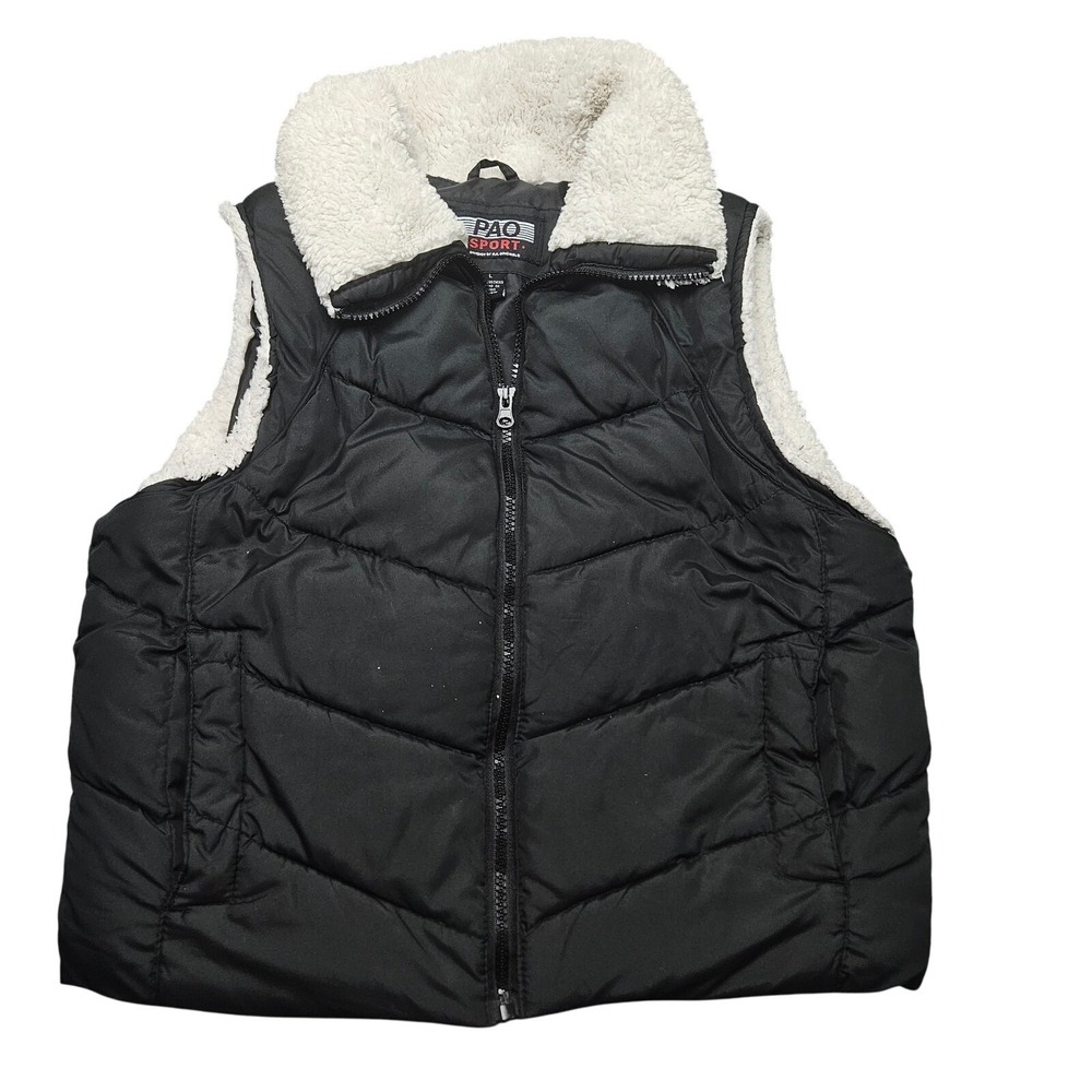 Vintage PAO Sport Puffer Vest Womens Large Black Faux Fur Trim Quilted Gilet 90s